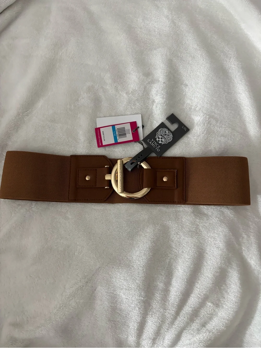 Vince Camuto Tan Wide Elastic Belt with Gold Ring Buckle